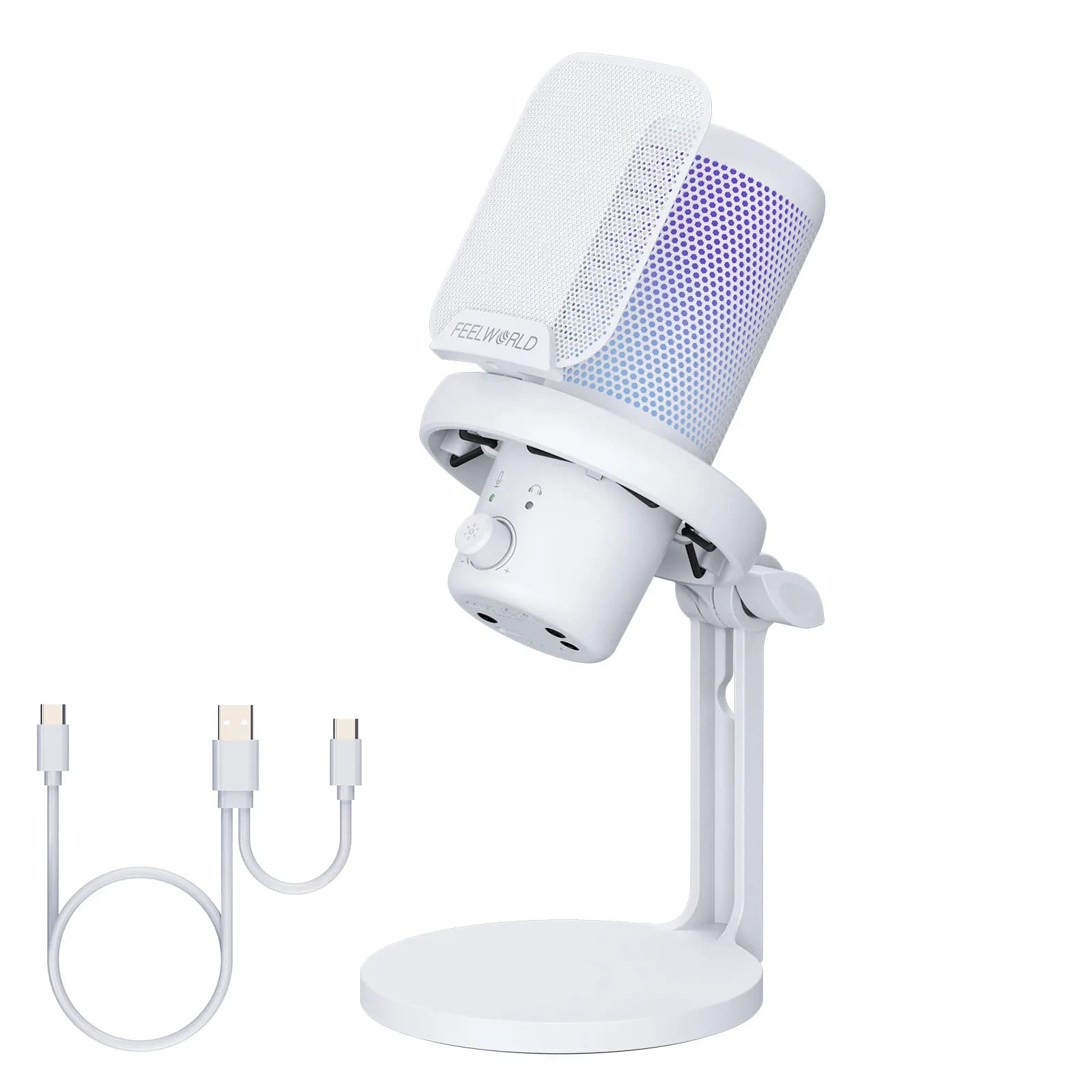 FEELWORLD VM1 Microfono da gioco a condensatore USB per streaming con cancellazione del rumore Muto RGB Light Desktop