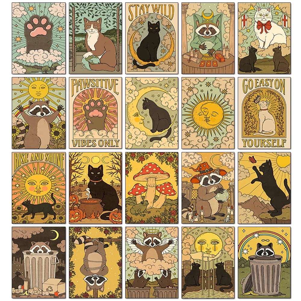 Quadro 5D con Diamanti a Tema Gatto e Tarocchi, Ricamo a Punto Croce con Diamanti Completi, Animale Cartone Animato, Mosaico Artistico per Decorazione Domestica