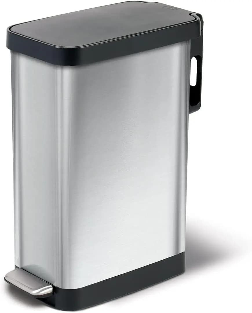 Cestino per Rifiuti da Cucina Sottile con Protezione Anti-Odore, Coperchio a Chiusura Morbida, Pedale e Porta Sacchetti, Acciaio Inossidabile, 45L