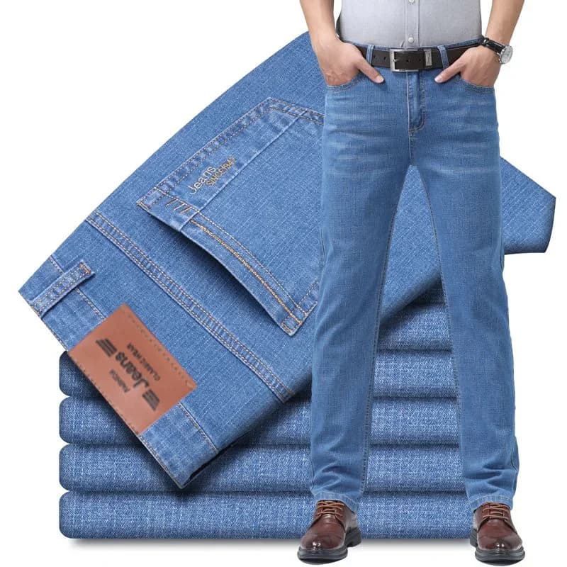 Jeans Estivi Sottili da Uomo in Cotone Elasticizzato, Blu Cielo, Comodi, Stile Business, Pantaloni Casual Dritti, Abbigliamento Maschile di Marca