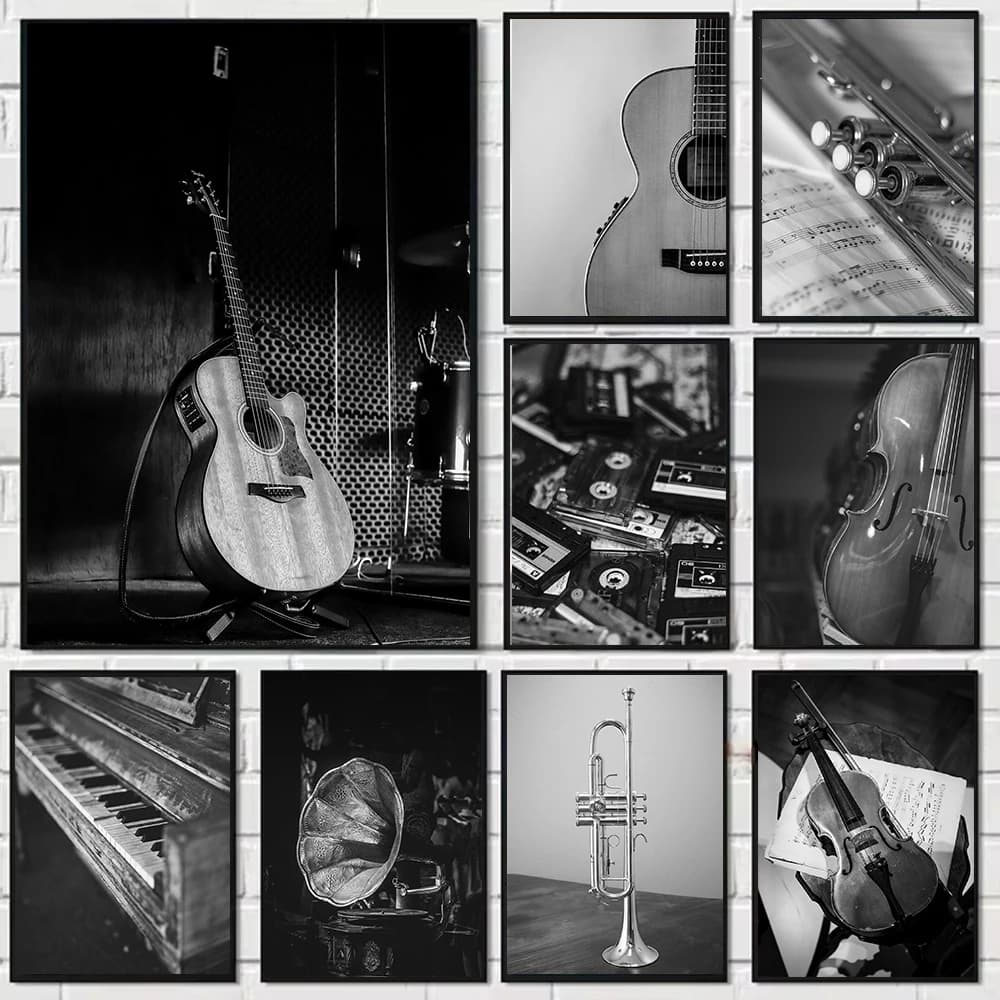 (No frame)Black and White Photo Violin Piano Trumpet Music Instrument Music Lover Canvas Painting Home Room Decoration
