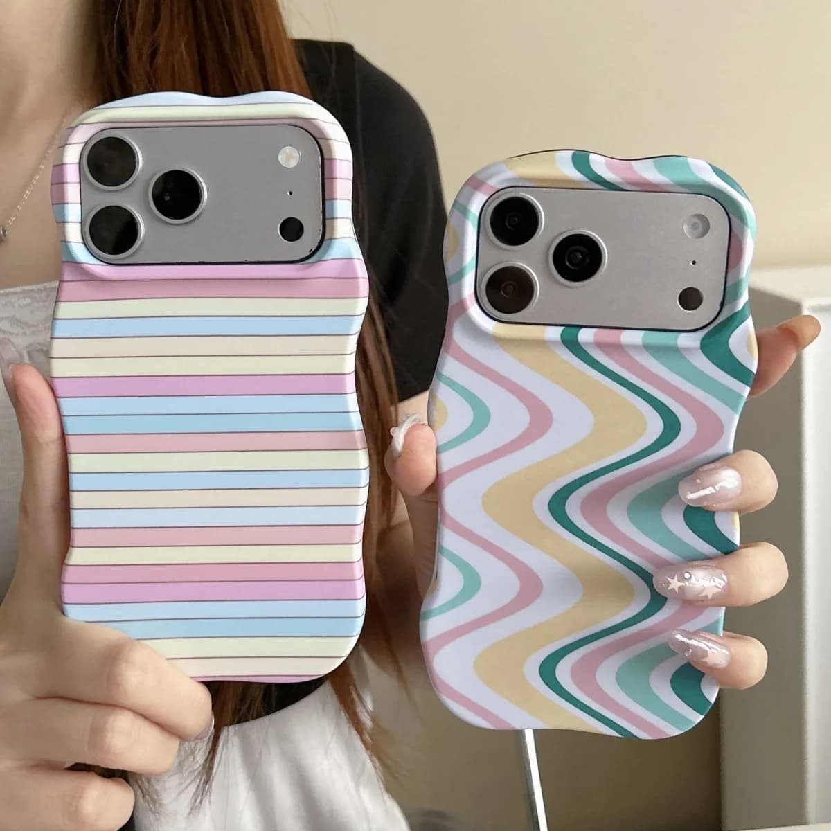 Korea Wave Curl Edge Stripe Splice Hit Color Phone Case For iPhone 17 16 15 14 13 Pro Max Water Ripple Pattern Shockproof Cover