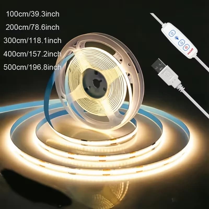Low-Voltage 5V USB Interface Flexible Cob Light Strip, with Three-Button Switch, Adjustable Brightness, Three Color Temperatures Available: 3000K/4000K/6500K, Bright but Not Glaring, Can Be Cut and Customized for DIY U