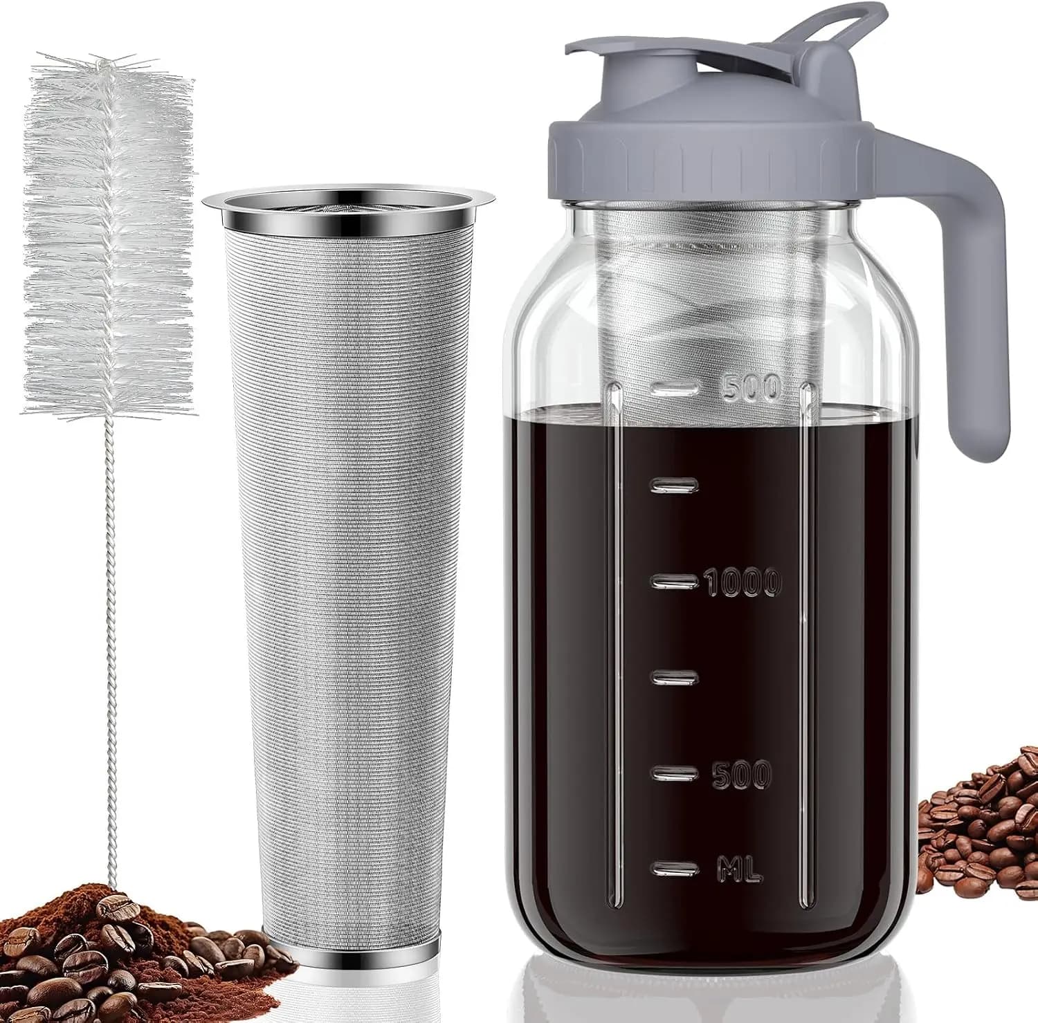 Cold Brew Coffee Maker Jar - 64oz Wide Mouth,LeakProof,Heavy Duty Glass Mason Pitcher with Spout Lid,Handle & Stainless Steel Filter for Iced Coffee,Lemonade,Ice Tea & Fruit Drinks