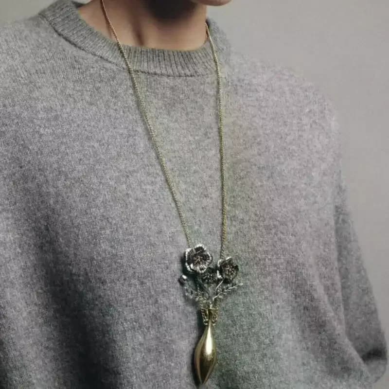 Collana con ciondolo in metallo con fiore dal design personalizzato, orecchini esagerati con vaso di fiori, spilla per regali di gioielli per feste da donna