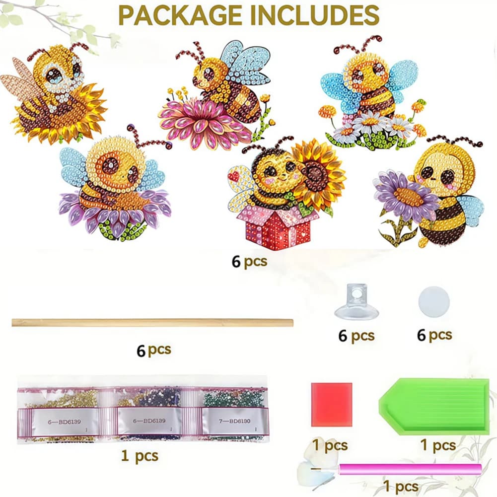 Set of 6 Artistic Kits with Bee Shape Diamonds, Garden Decorations, Fai-da-Te Kit for Flowers and Plants