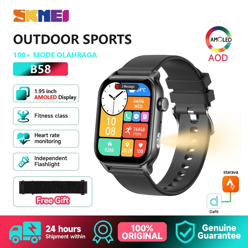 SKMEI Voice Assistant Sports Smart Watch 1.952 Inch AMOLED Smartwatch For Men Women Waterproof IP67 Wrist Watch for Android IOS