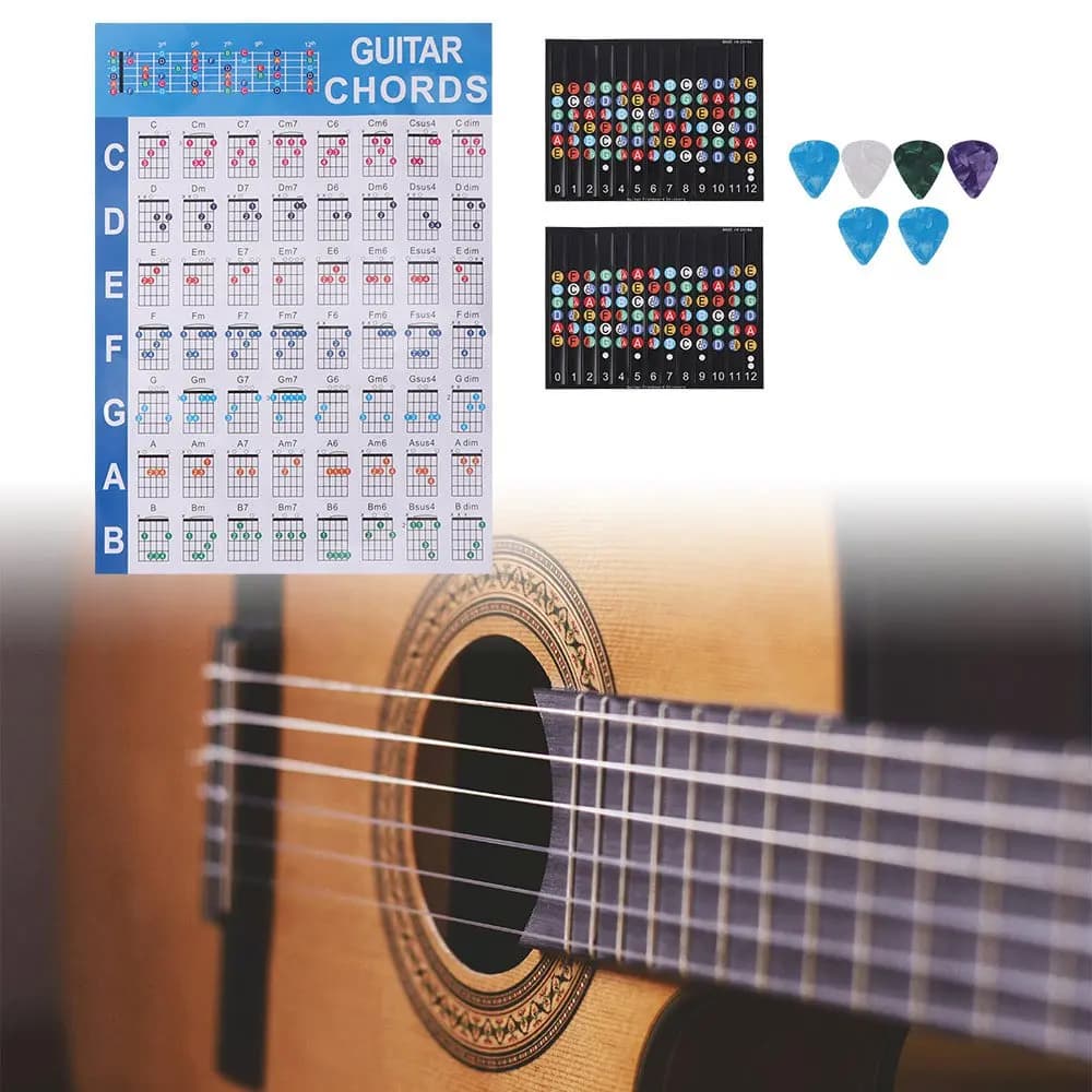Color Coded Guitar Chord Poster Coated Paper Non-Tearing Guitar Practice Chord Chart Printed Vinyl Paper 6 Guitar Picks