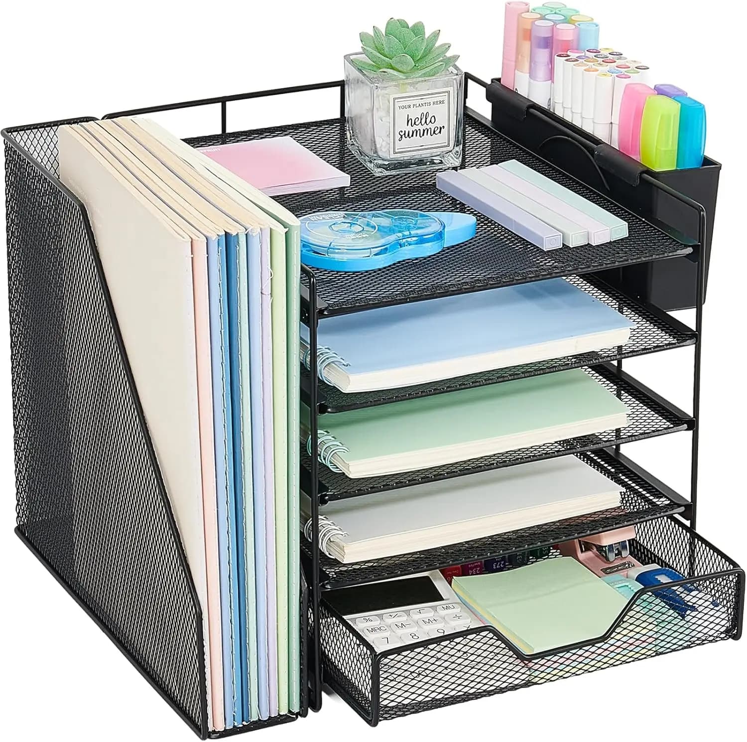 Organizer da scrivania a 5 livelli con portadocumenti, cassetto e porta penne, nero