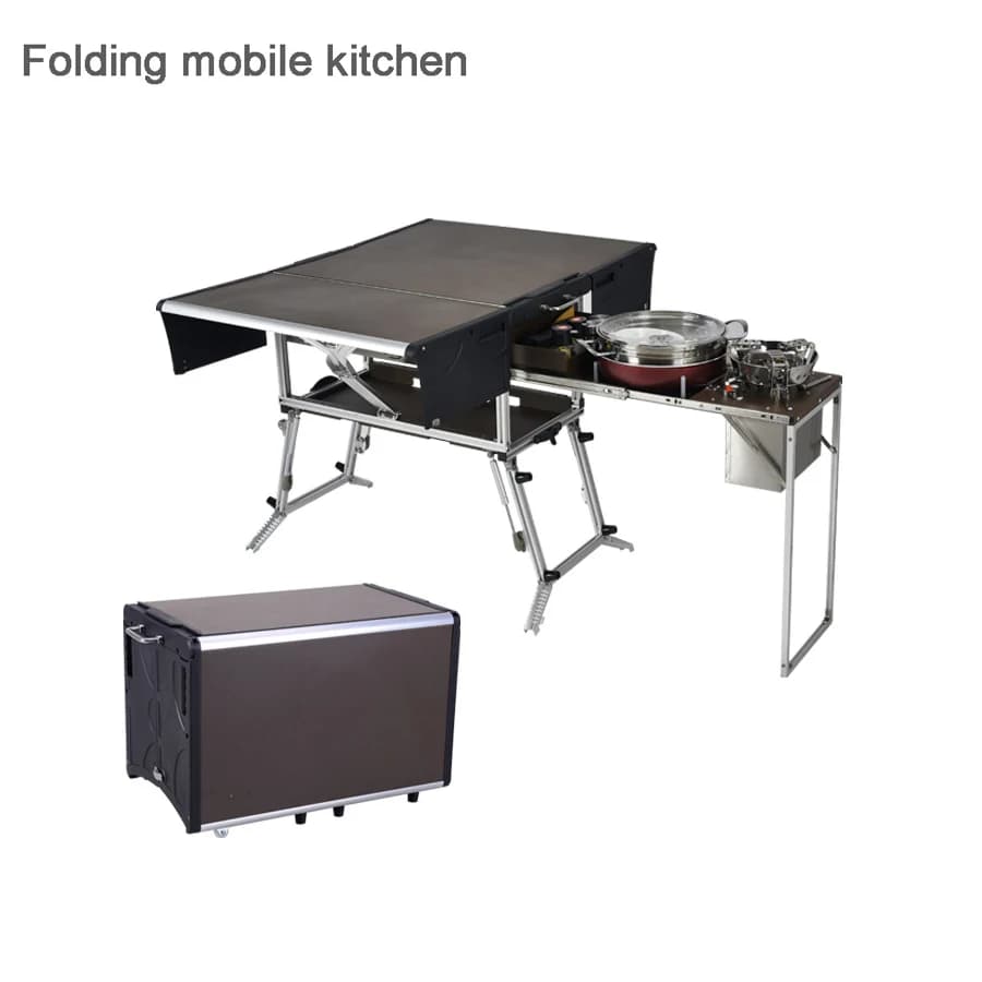 Disponibile Tavolo da picnic pieghevole da cucina mobile da campeggio per veicoli all'aperto con fornello a gas e set di pentole per stoviglie
