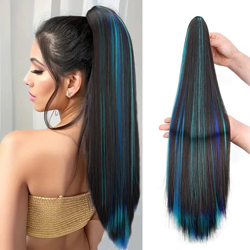 24 inch synthetic horsetail hair extension, heat resistant, with mixed mèches, long and smooth, with clip, for woman