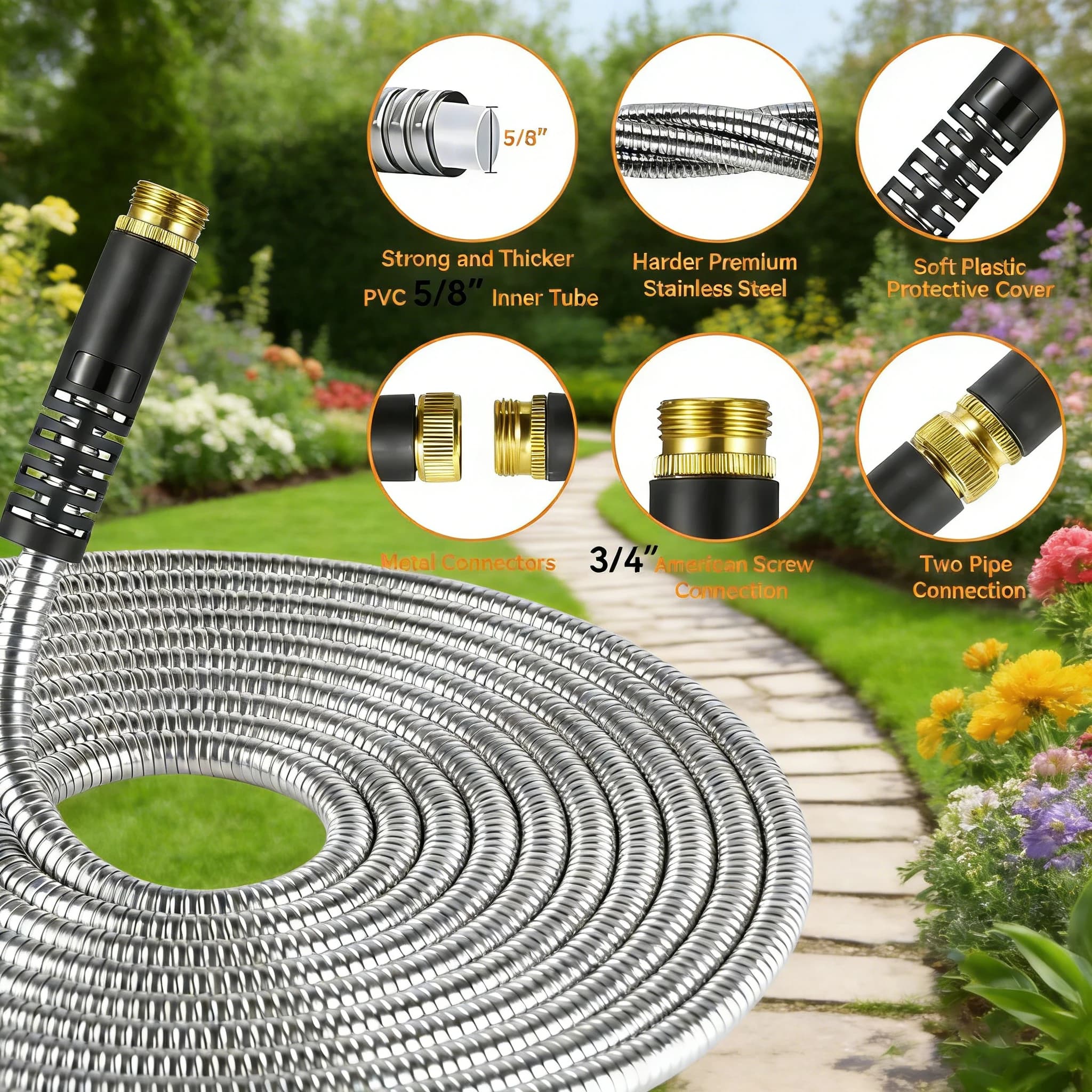Metal Garden Pipe, Stainless Steel Water Pipe 304 Resistant, Ugelli Functional Sprayers, External Flexible, Anti-Piega and Anti-Group