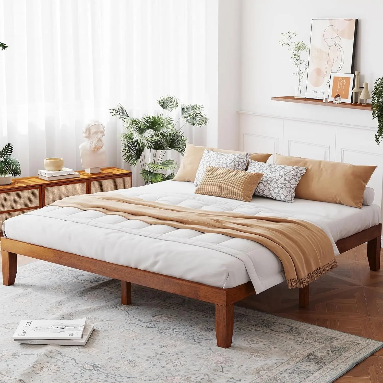 14 Inch King Wood Platform Bed Frame, Minimalist Style Mattress Foundation with Solid Rubber Wood, Heavy Duty Slat, Customized