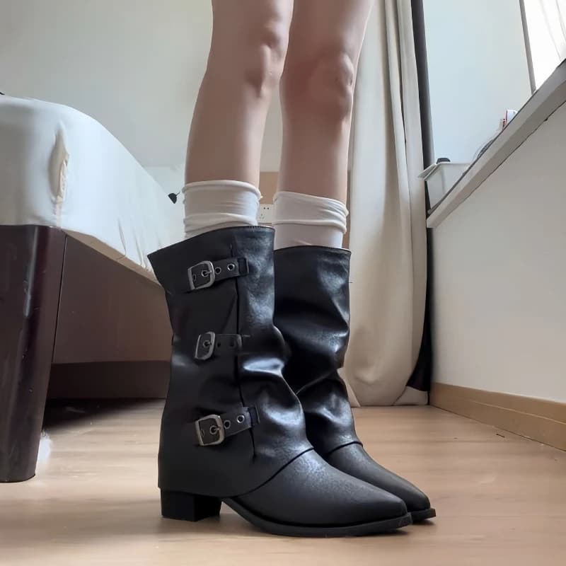 Autumn Women Pants Tube Slouch Mid Cafl Boots Fashion Metal Buckle Strap Shoes Ladies Retro Block Heel Western Cowboy Booties