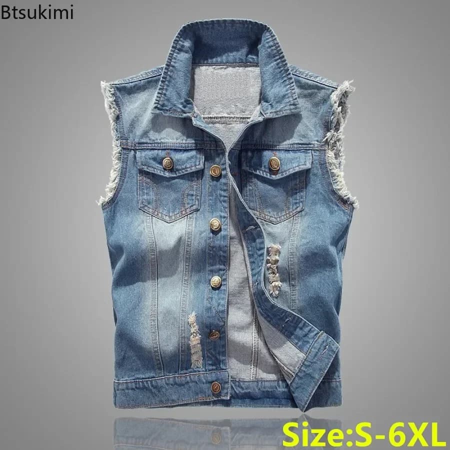 Moda Nuovo Denim Giacca Senza Maniche da Uomo in Cotone Casual Jeans Gilet Coreano Foro Cowboy Gilet Sottile 2026 Uomini Hip Hop Streetwear