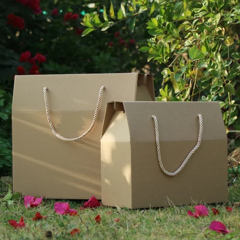 Vendita al dettaglio 25*10 + 20 cm 5 Pz/lotto 9.84 "x 3.93" + 7.87 "Marrone Cibo Essiccato Rosso Date Noci Frutta Scatole di Imballaggio Scatole Regalo di Carta Kraft Maniglia