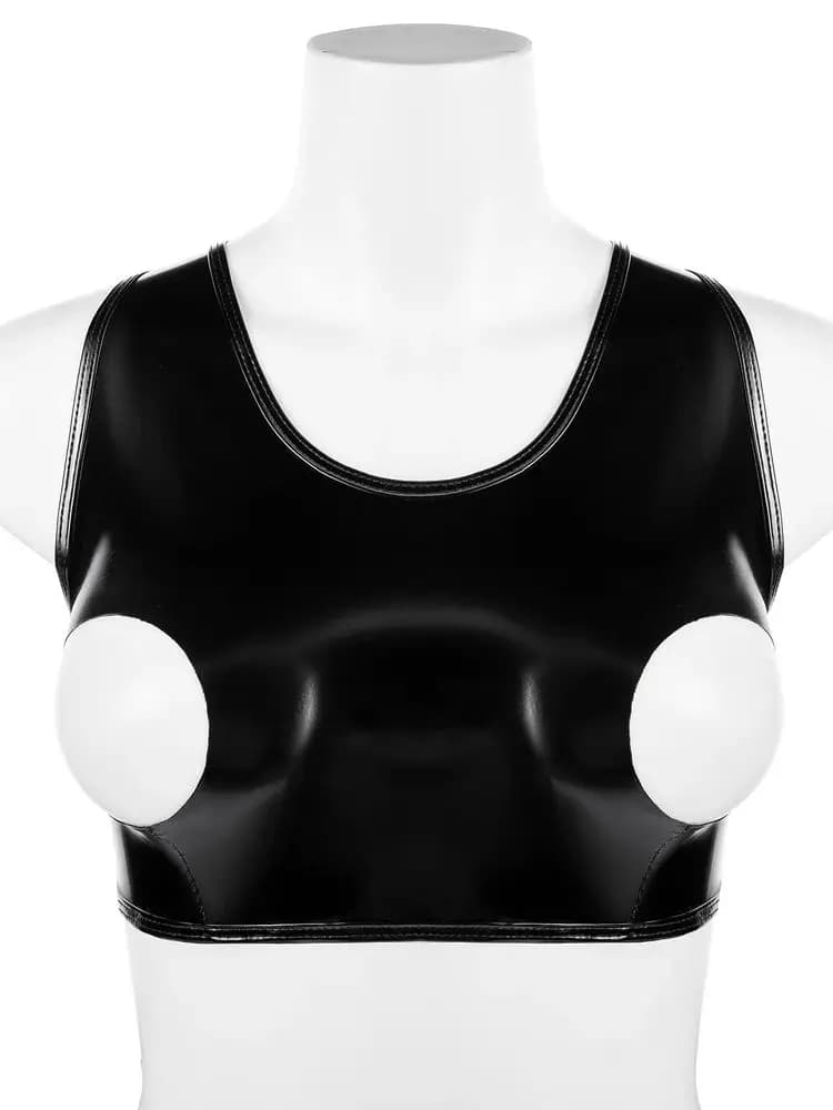S-3XL Shiny Faux PU Leather Bustier Top Hollow Out Wet Look PVC Cosplay Bikini Crop Top collant Hot Sexy Clubwear Croptop Camis