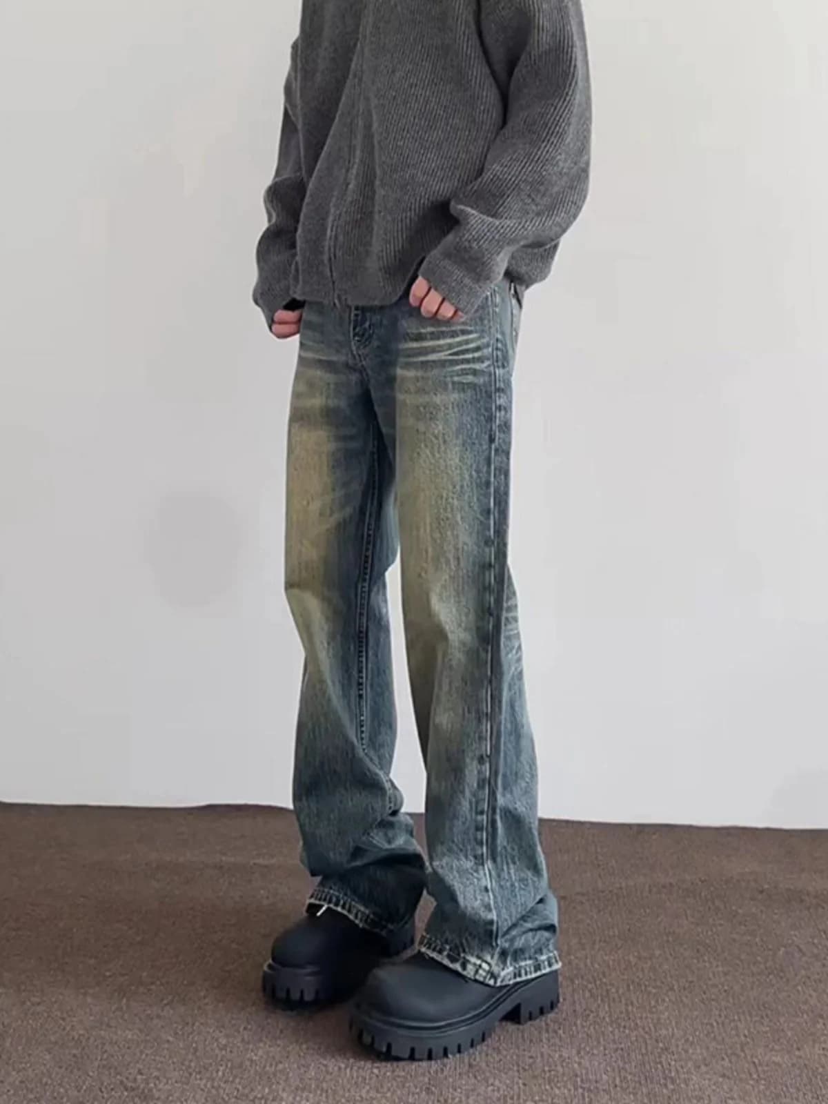 Retro Blue Men's Denim Jeans High Street Hip Hop Washed Gradient Trendy Design Autumn Long Pants Straight Leg Loose Fit Jeans