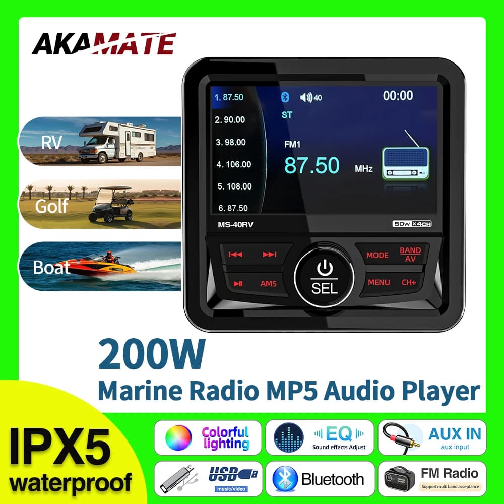 Per RV Radio Marine Stereo Square Boat Radio Altoparlante FM AM Antenna Impermeabile IPX5 Lettore multimediale Bluetooth MP5