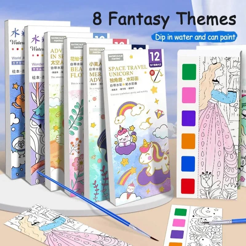 Set di libri per acquerelli portatili - 12 fogli di pittura a guazzo con pennello, cancelleria artistica per disegno di graffiti per bambini