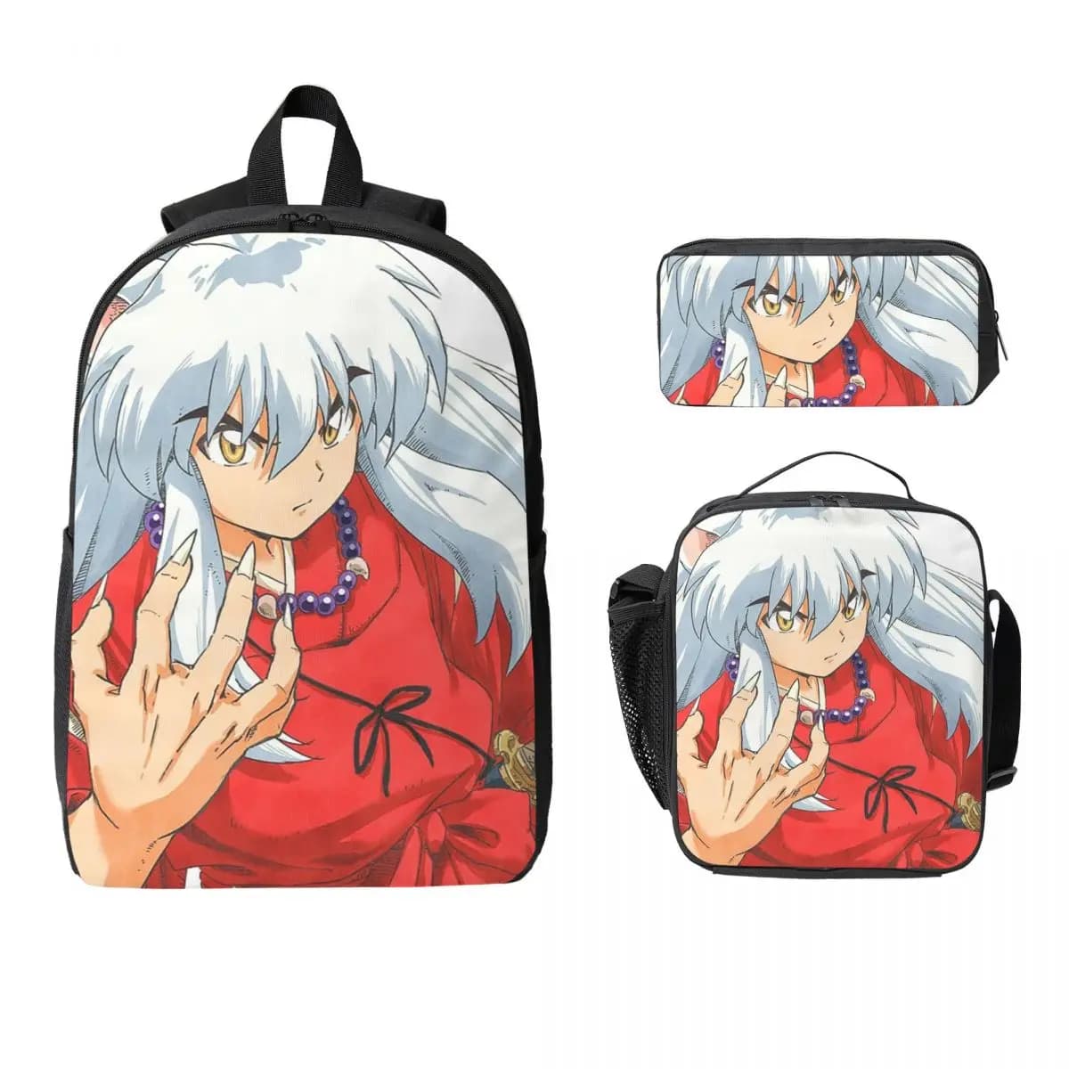 Zaino Anime Inuyasha per Ragazzi e Ragazze, Borsa Scolastica, Borsa per Computer, Set 3 Pezzi con Borsa Termica per Pranzo e Astuccio