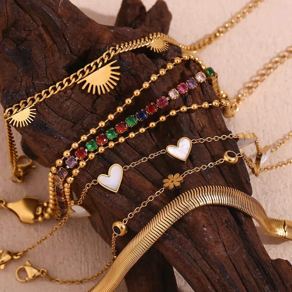EBbelle 18K gold plated bracelet with heart-shaped shell and three-layer snake with beads and half 316L stainless steel sunflower