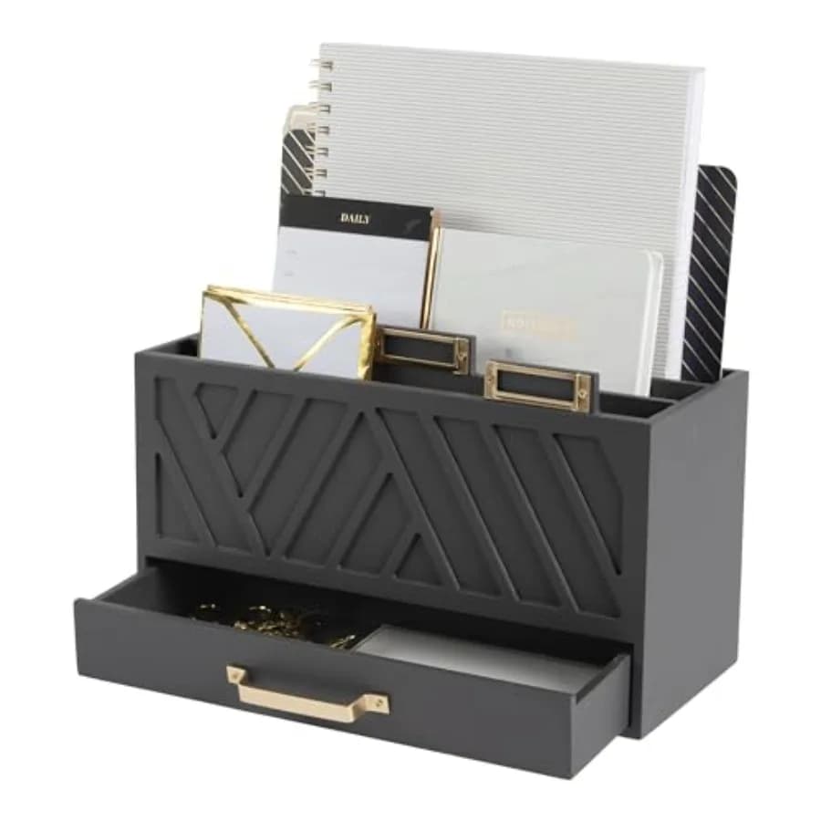 Organizzatore Postale da Scrivania a Tre Livelli con Portaetichette Dorati e Cassetto, Elegante Portaoggetti e Contenitore per Documenti da Bancone