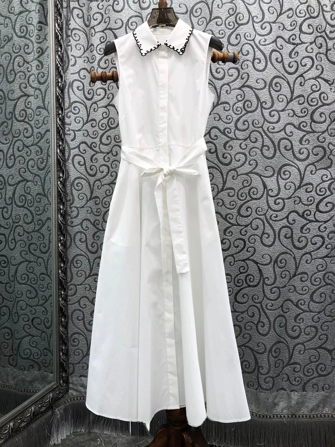Milan Small Town Southern Oil Lady Style Embroidered Waist Belt Sleeveless Slimming Long Dress H Version Cotton Polyester Blend