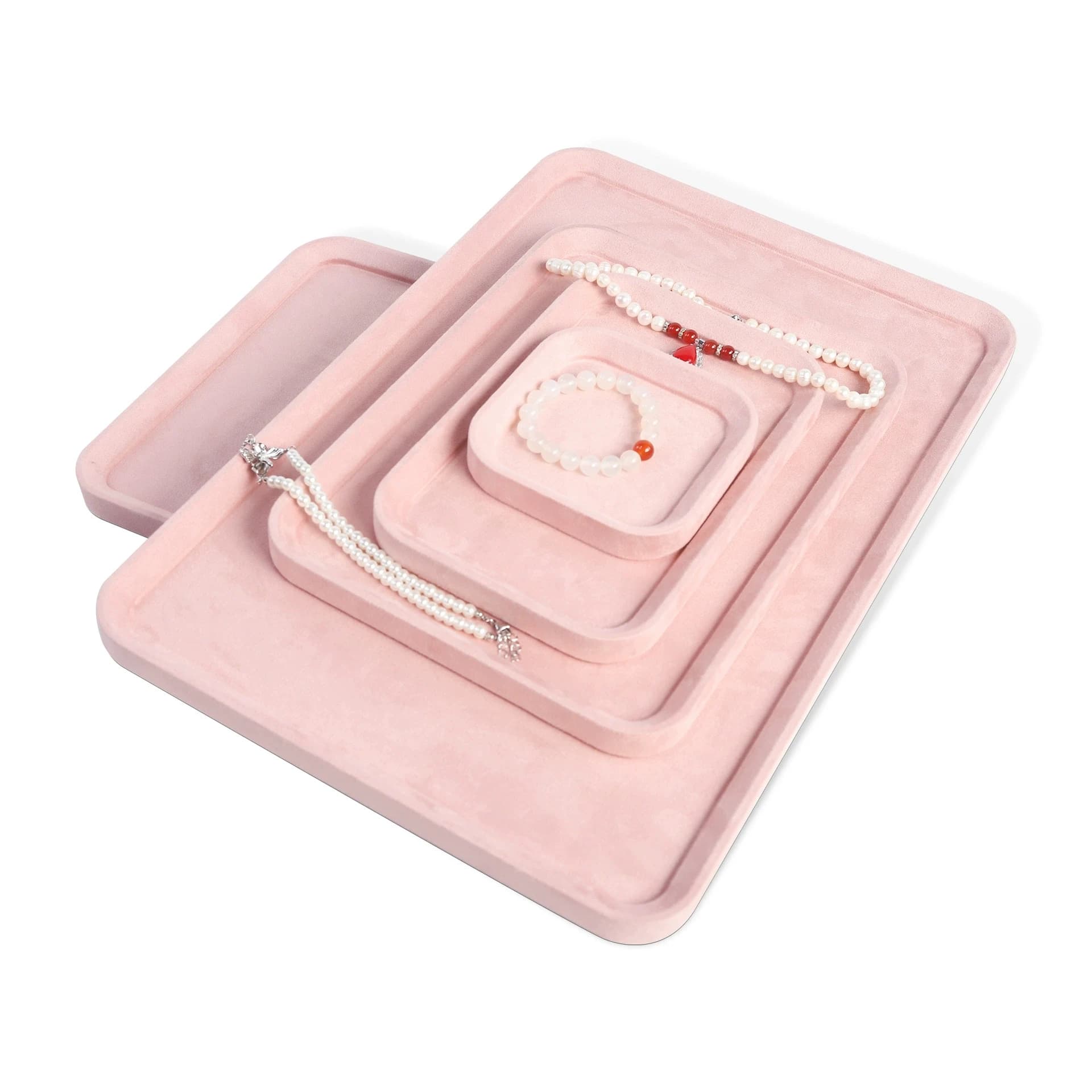 Elegante serie di velluto rosa vassoio per gioielli collana braccialetto braccialetto orecchino anello espositore vassoi portaoggetti bancone vetrina prop