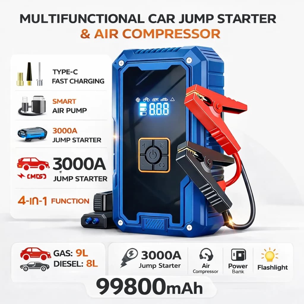 Avviatore d'Emergenza per Auto 3000A, Batteria Portatile 99800mAh, Compressore d'Aria 12V, Power Bank con Luce LED