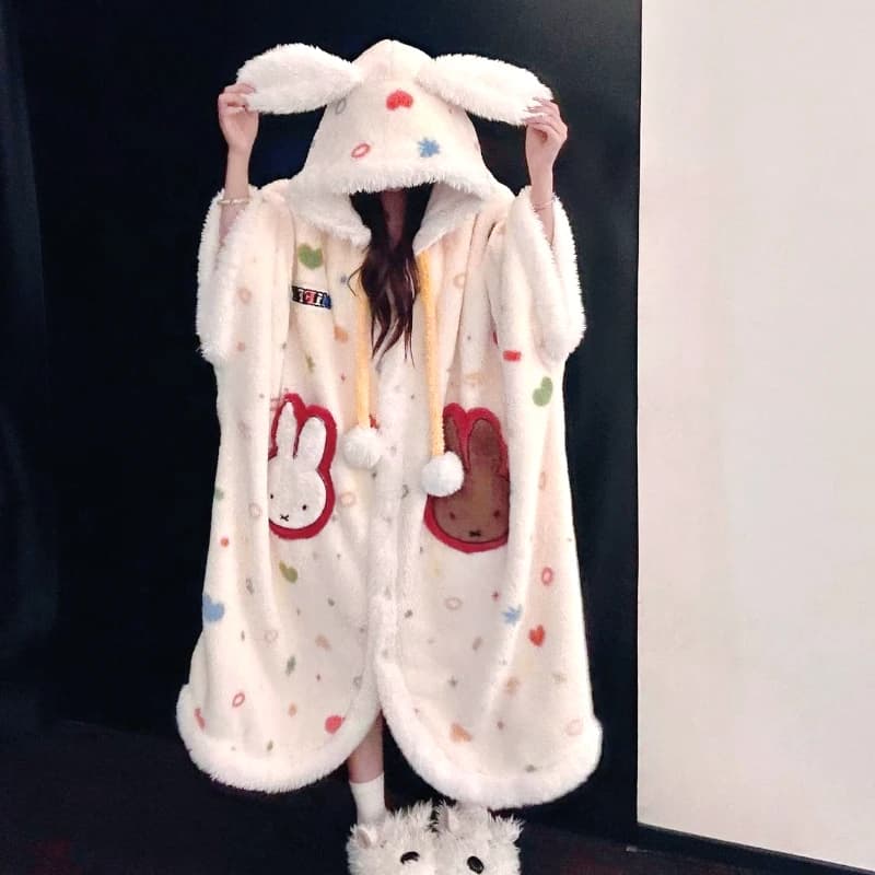Kawaii Miffy Bunny Peluche Con Cappuccio Indumenti Da Notte Addensato Velluto In Pile Donne Accogliente Casa Indossare Camicia Da Notte Outwear Termico Capable Pigiama