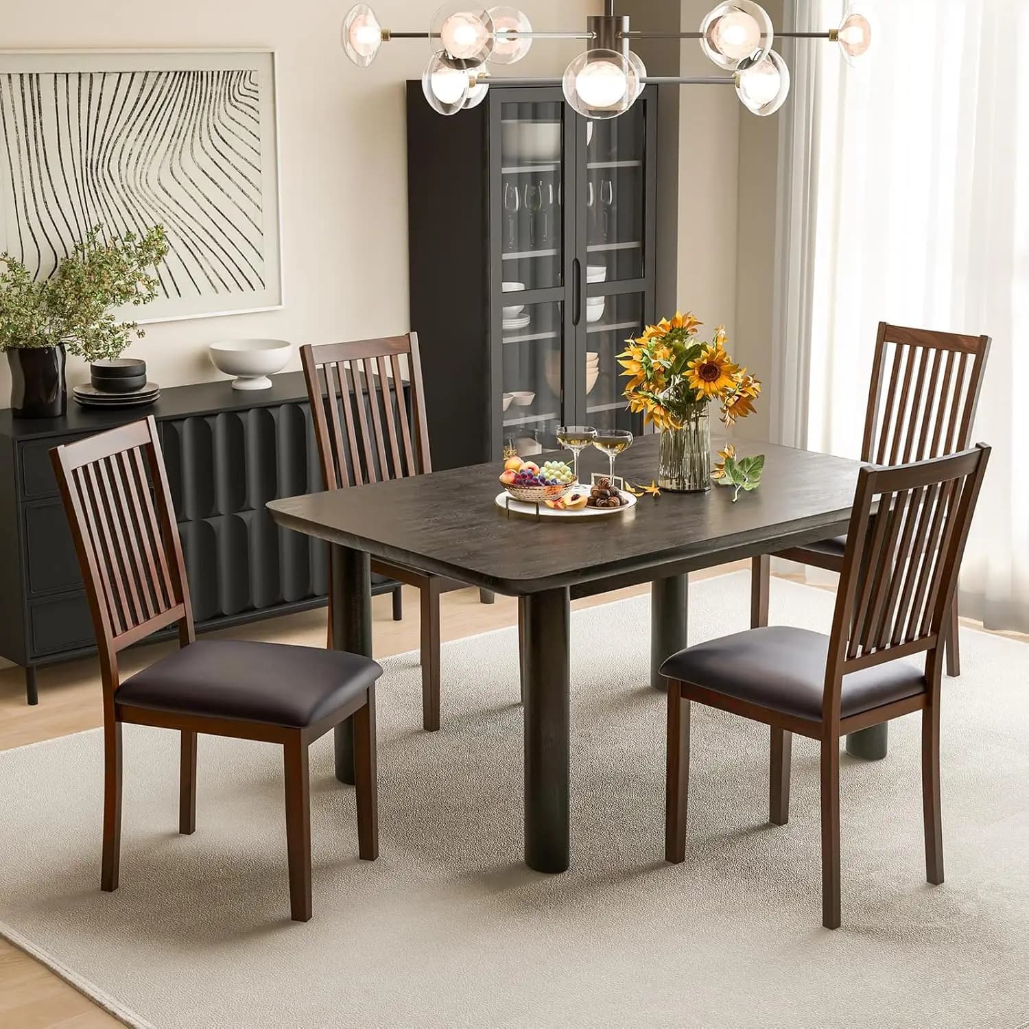 Set di 4 sedie da pranzo in legno, sedie da cucina imbottite con schienale a doghe, in pelle PVC resistente all'usura, personalizzabili