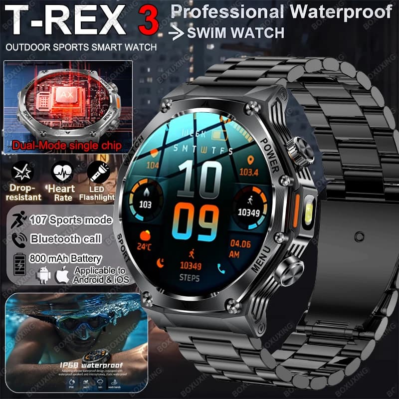 2026 Nuovo T-Rex 3 Grado Militare Astuto Della Vigilanza Degli Uomini 1000mAh Batteria IP68 Torcia Elettrica Impermeabile GPS Chiamata Bluetooth Sport Smartwatch