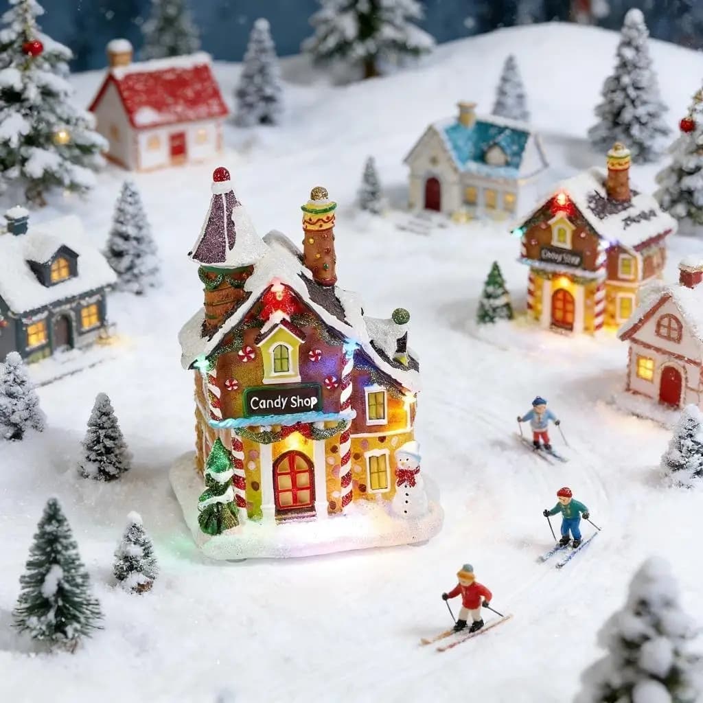 Christmas Candy Gingerbread House Decor - Collection Building with LED Light Up Decorative Home Fireplace Tabletop Decoration