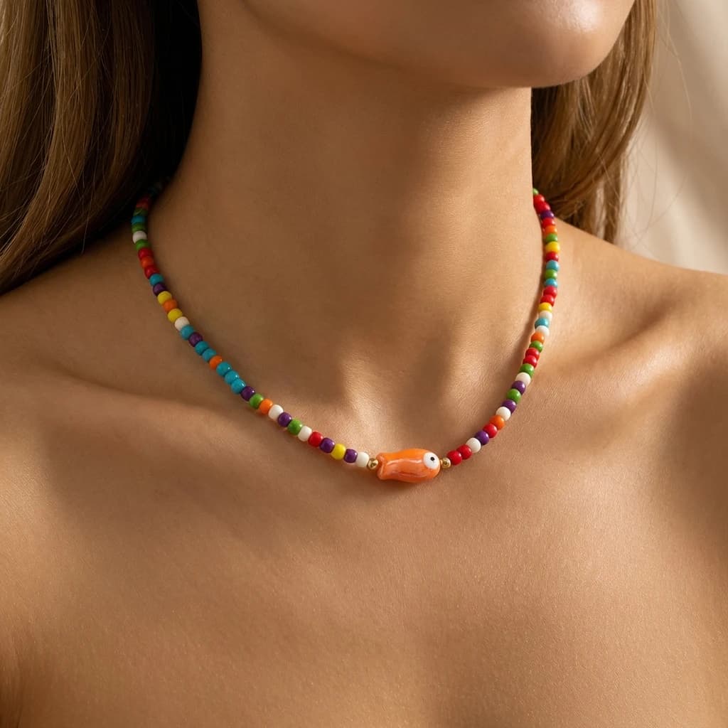 Bohemian Rice Beads Ceramic Fish Necklace for Women Handmade Colorful Beaded Choker Summer Beach Vacation Party Jewelry Gift