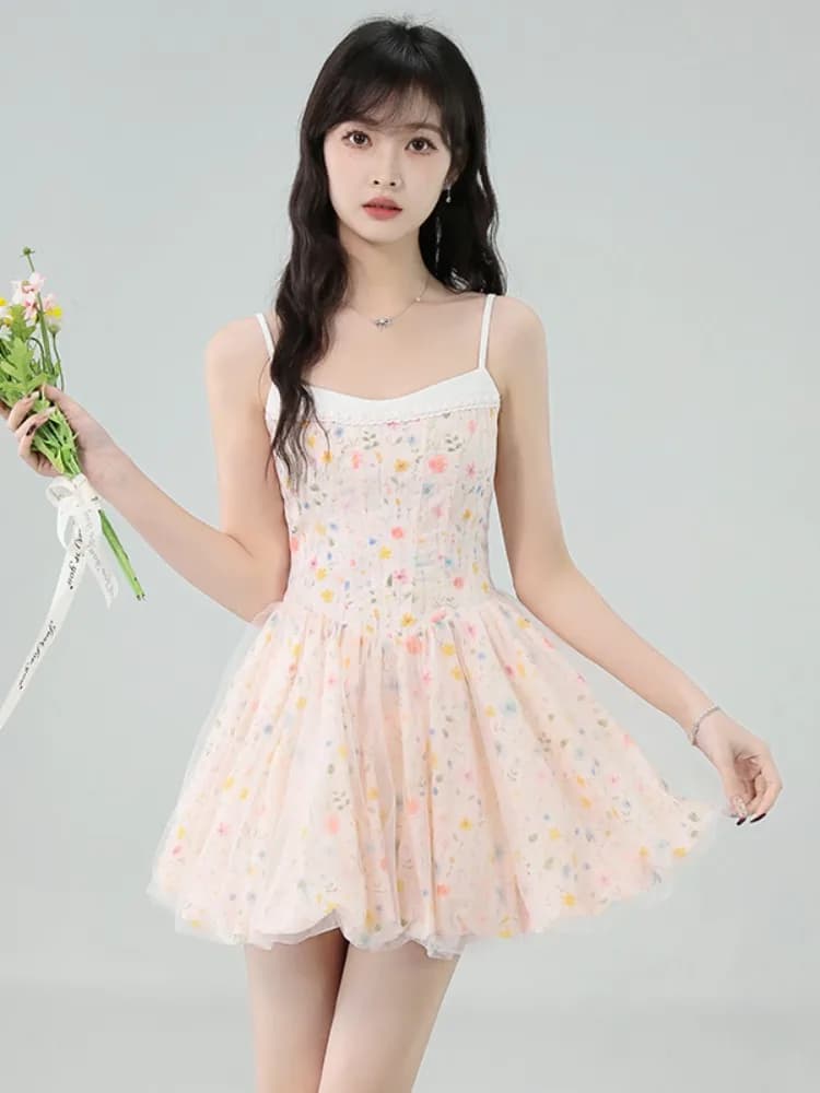 Abito Estivo da Donna con Stampa Floreale, Stile Halter, Vita Stretta, Gonna Corta e Voluminosa, in Tessuto Morbido Non Elasticizzato