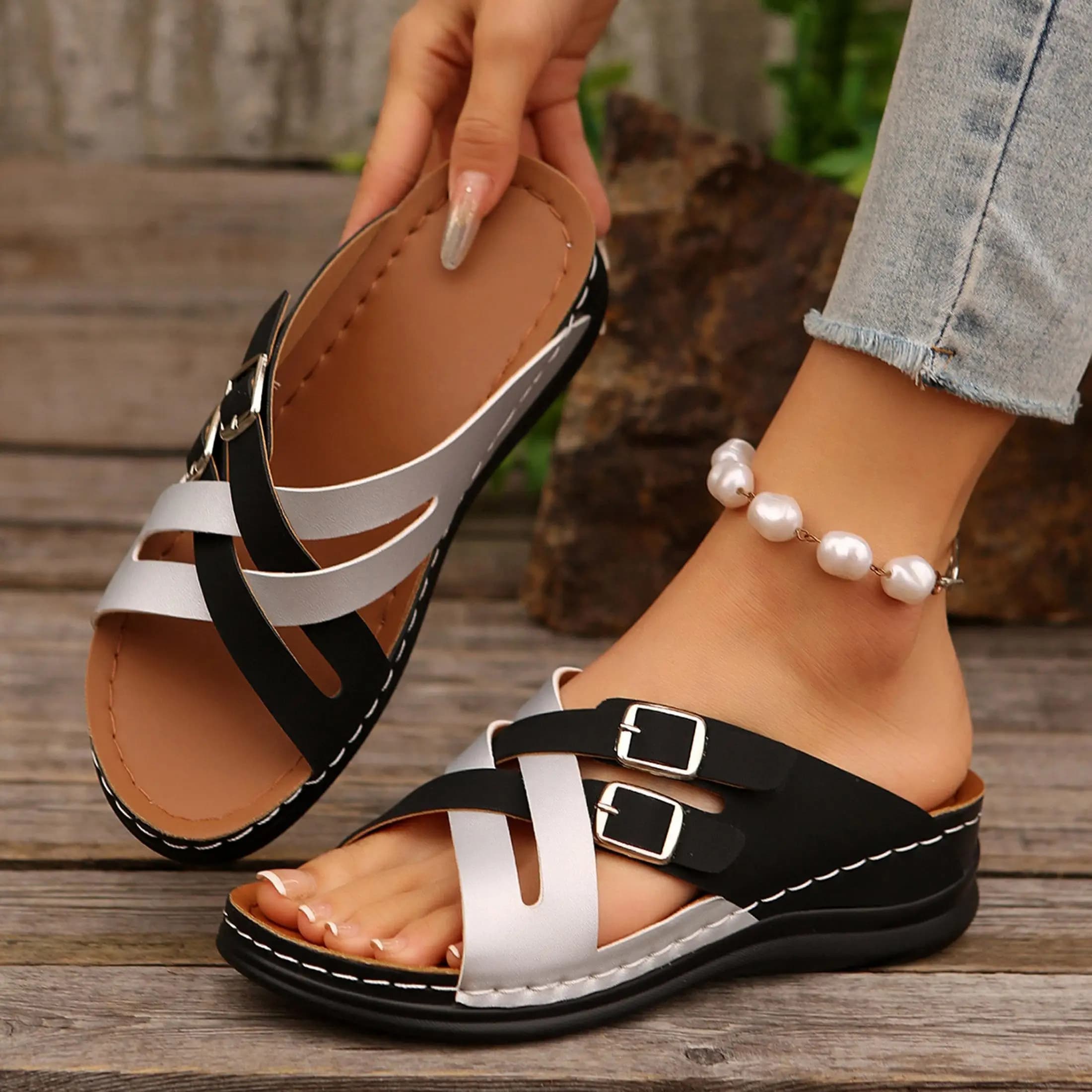 Women's Elegant Wedge Platform Sandals Open Toe Criss Cross Buckle Slippers