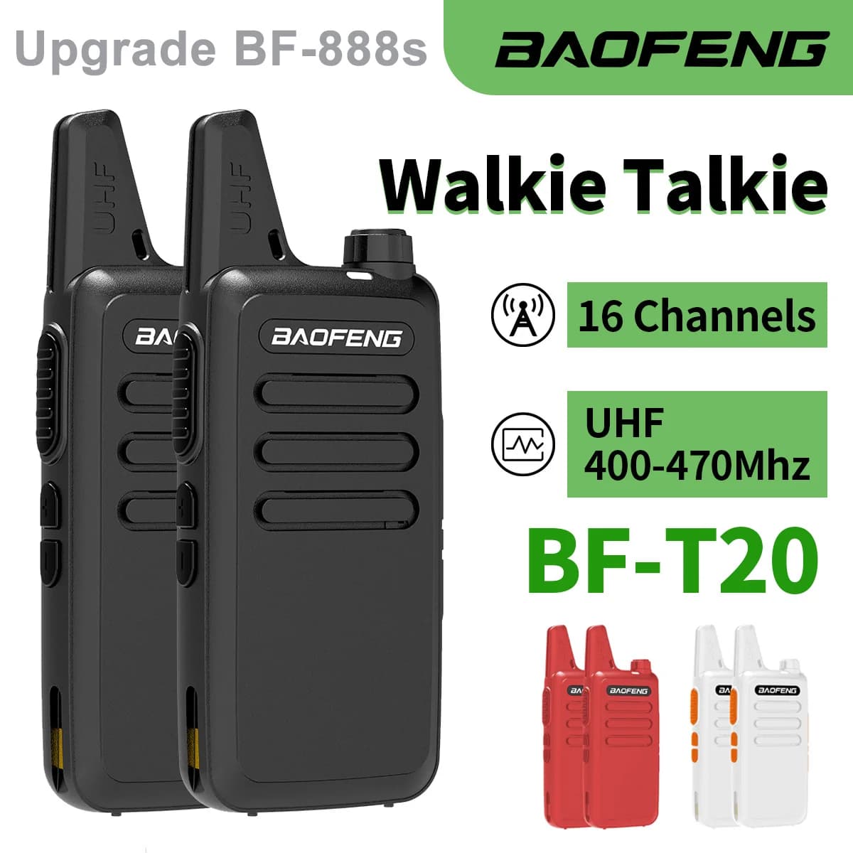 2PCS BAOFENG T20 Long Range Mini Walkie Talkie Type-C Charging Rechargeable Lightweight 16CH UHF 400-470MHz Upgrade 888s