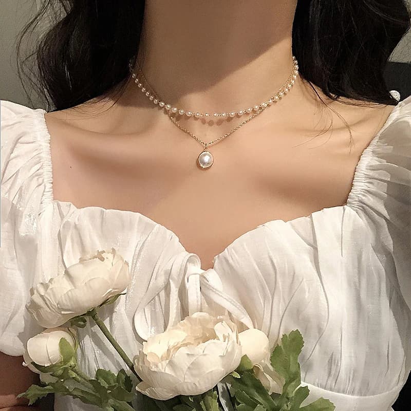 (Summer6) 1 collana di perle alla moda da donna, squisita collana a doppio strato con catena a clavicola, gioielli da donna, idea regalo