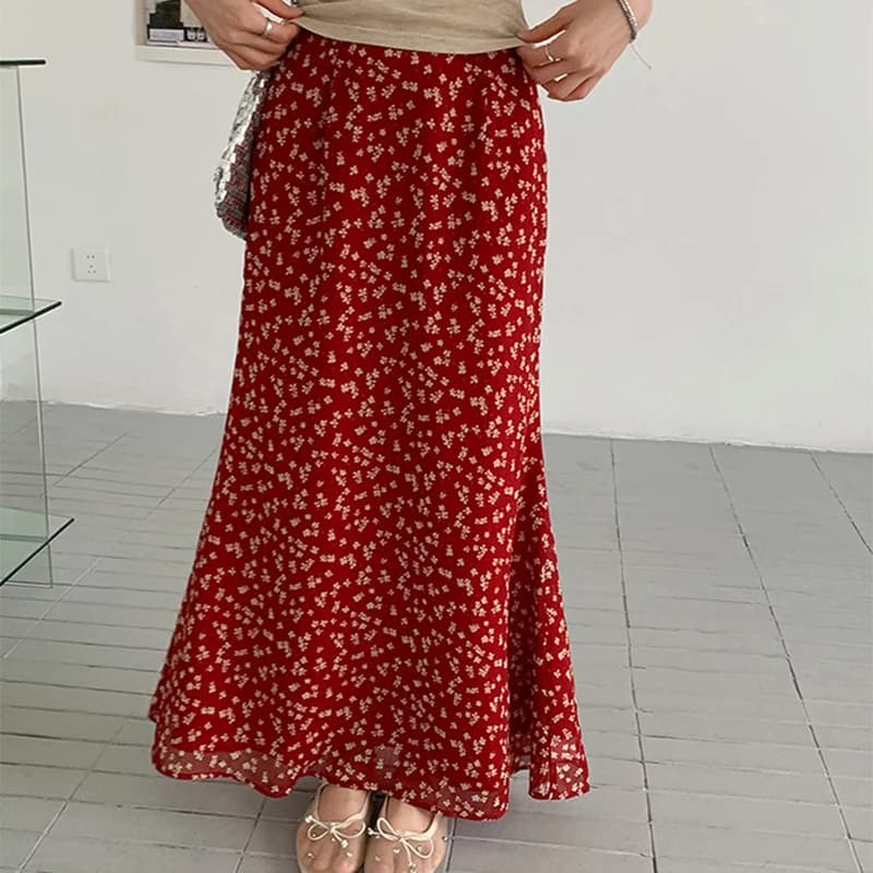 Gonne lunghe rosse a vita alta coreane Donna Gonne a pieghe stampate floreali di fascia alta 2025 Sumer Gonne maxi a trapezio con temperamento elegante