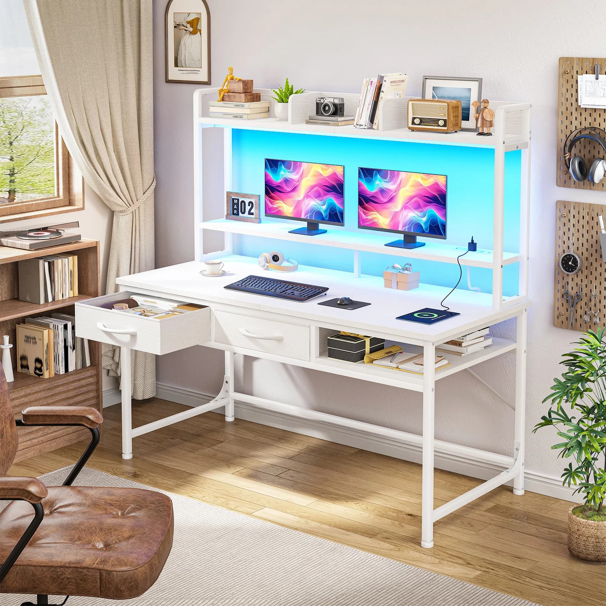 Scrivania da Gaming da 99,9 cm con Hutch e LED, Scrivania da Ufficio con Supporto Monitor e Presa di Corrente, Scrivania per Computer con Spazio Contenitore per Home Office