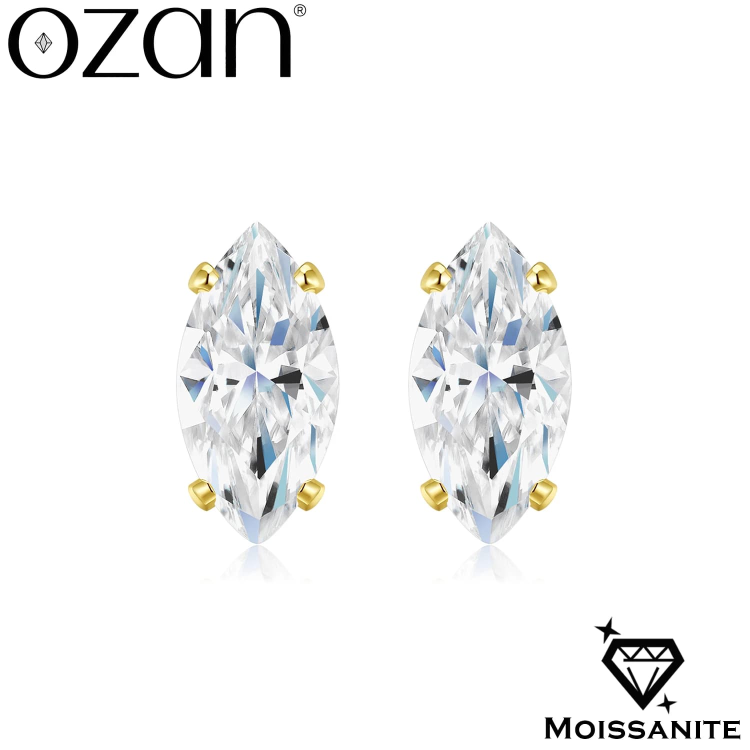 OZAN 100% Real Moissanite Earrings Stud Marquise Shaped 18k Yellow Gold Plated Fashion Trendy Gemstone Jewelry for Women Ladies