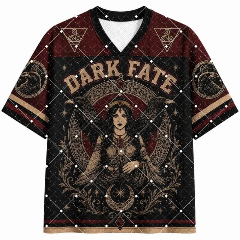 Dark Fate Witch Raven Print V‑Neck Jersey T‑Shirt Gothic Occult Moon Symbol Short Sleeve Loose Streetwear Hip Hop Sport Tee