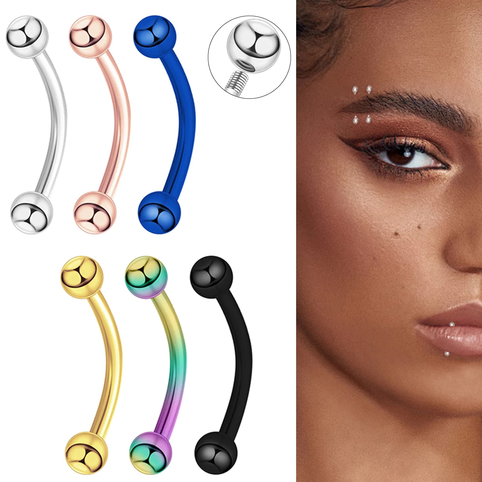 6 pezzi di gioielli con bilanciere curvo in acciaio inossidabile: anello per sopracciglio/lip a forma di banana, orecchino a elica/navello/cartilagine per uomo donna