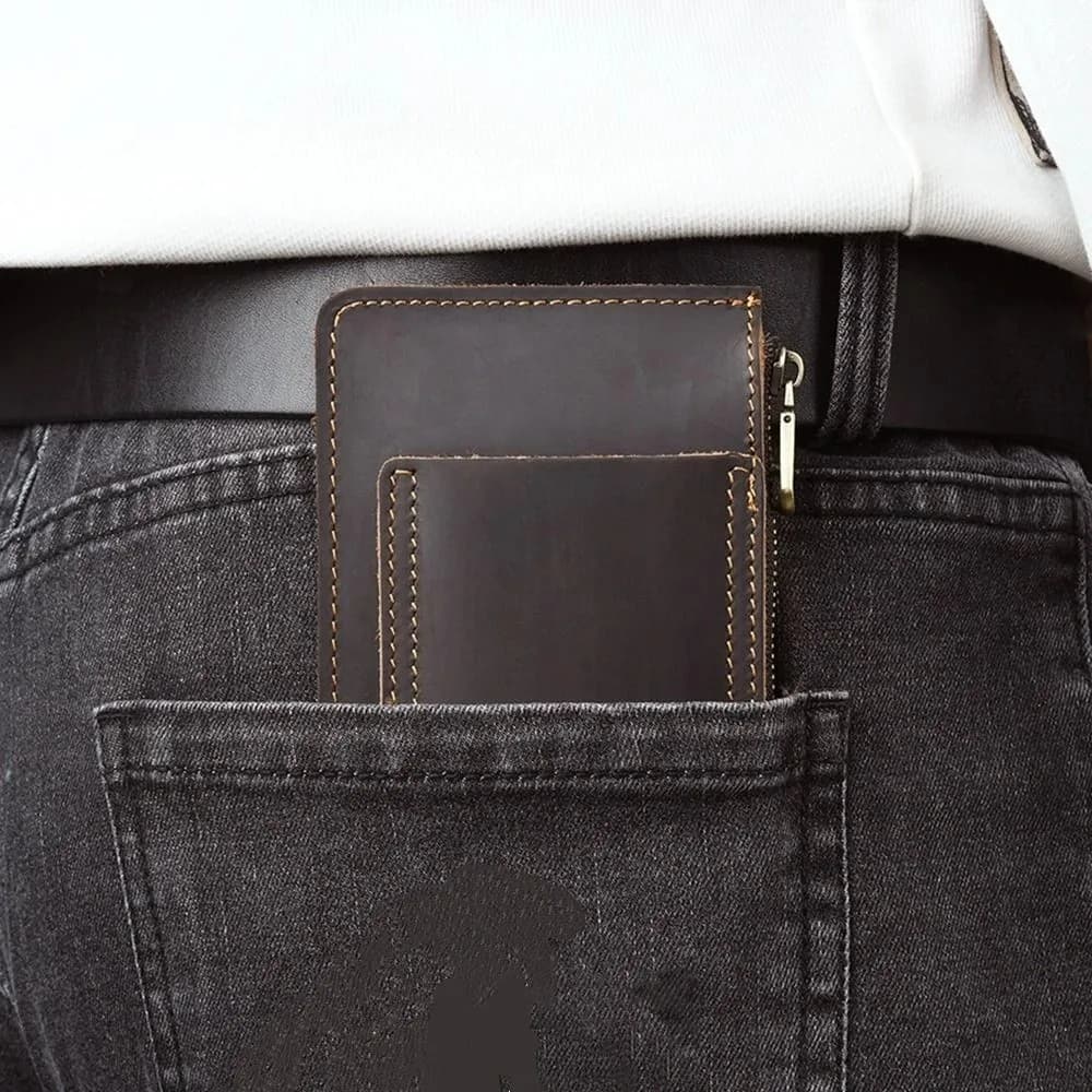 Genuine Leather Men's Short Wallet Retro Ultrathin Credit Card Holder Lightweight with Belt Loop Belt Hanging Money Pouch