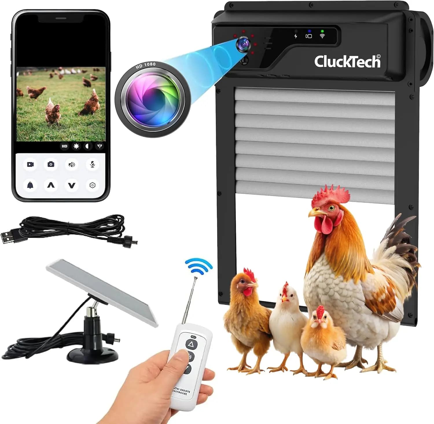 Porta Automatica per Pollaio con Telecamera 1080p, Alimentazione Solare, Batteria da 5000mAh, Controllo Remoto tramite App e Apertura Automatica con Timer