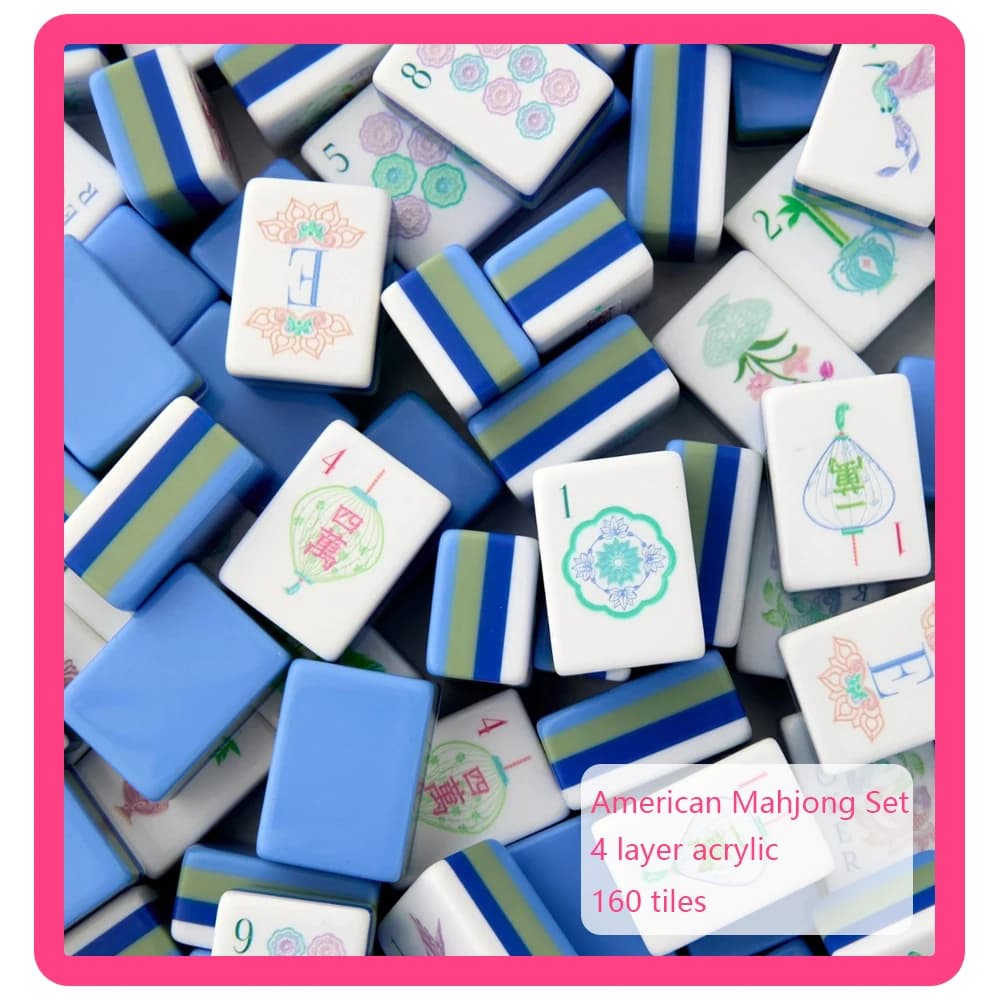 4 Layer Acrylic Mahjong Tiles Luxury EngravedBlue American Mahjong Sets Portable MahJong Set for Board Game Gifts