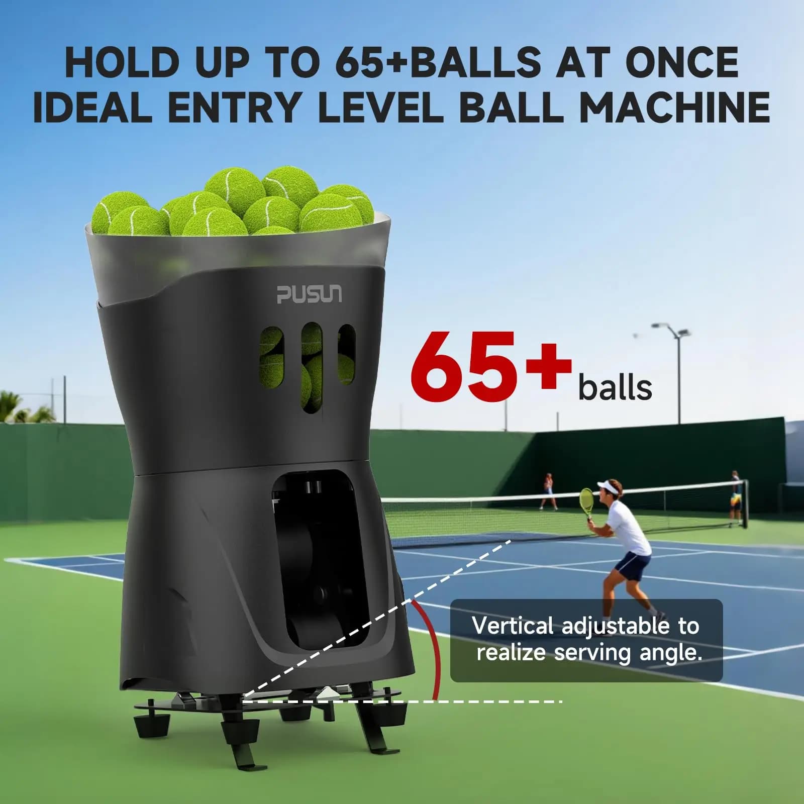 Automatic Tennis Ball Machine 65+ Capacity Entry Level Training Robot with Adjustable Serving Angle Portable Practice Gear
