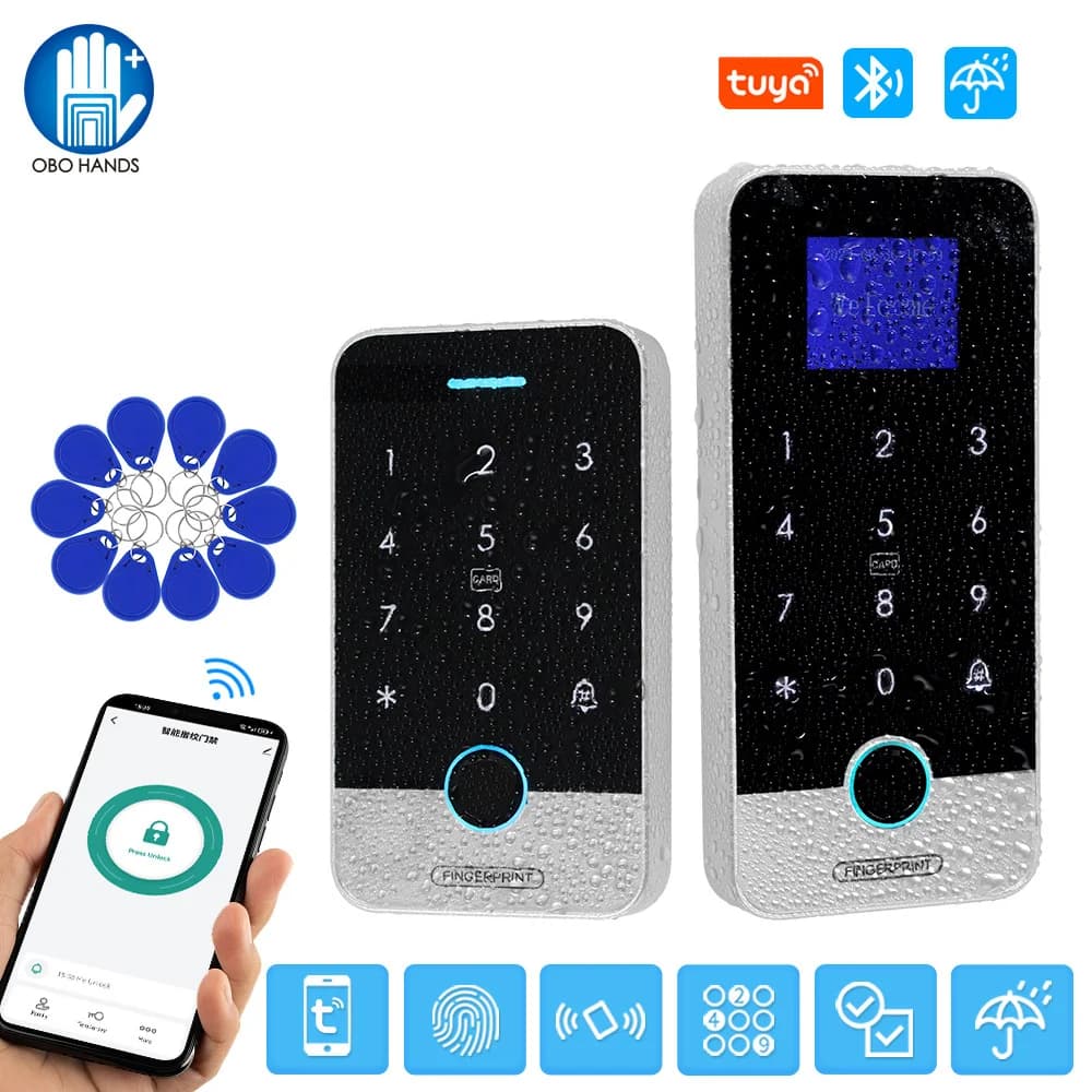 Bluetooth Tuya APP Smart Fingerprint RFID Access Control Key Touch IP65 Waterproof 13.56 MHz Open Door Lock System without Key