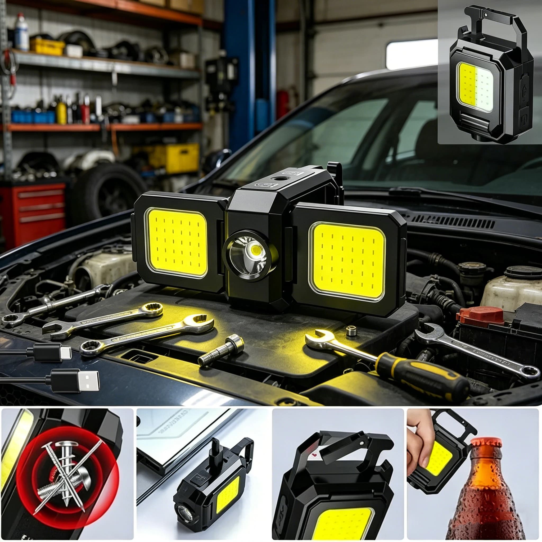 Torcia portachiavi COB con doppia sorgente luminosa, 5 modalità, ricaricabile, ad alta luminosità, luce LED portatile per campeggio, escursionismo e riparazioni
